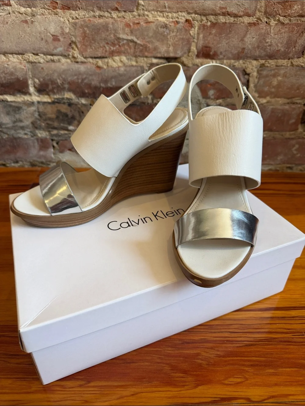 Calvin Klein White and Silver Wedge Sandals with Wood-Look Heel